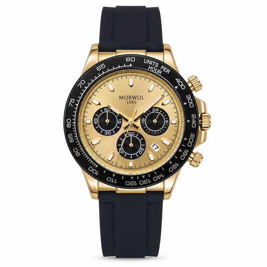 Relógio Movara® com pulseira de silicone preta e caixa prateada, mostrador claro com cronógrafo