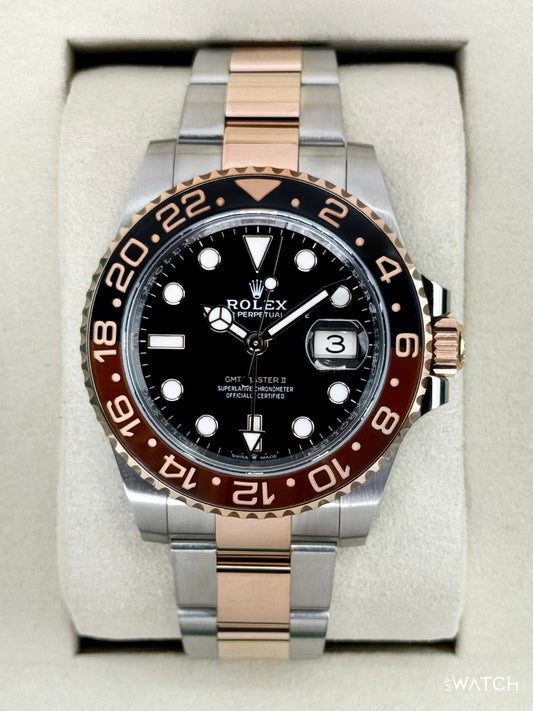 Relógio Rolex GMT Master II Rootbeer automático, mostrador preto e pulseira aço/rosé