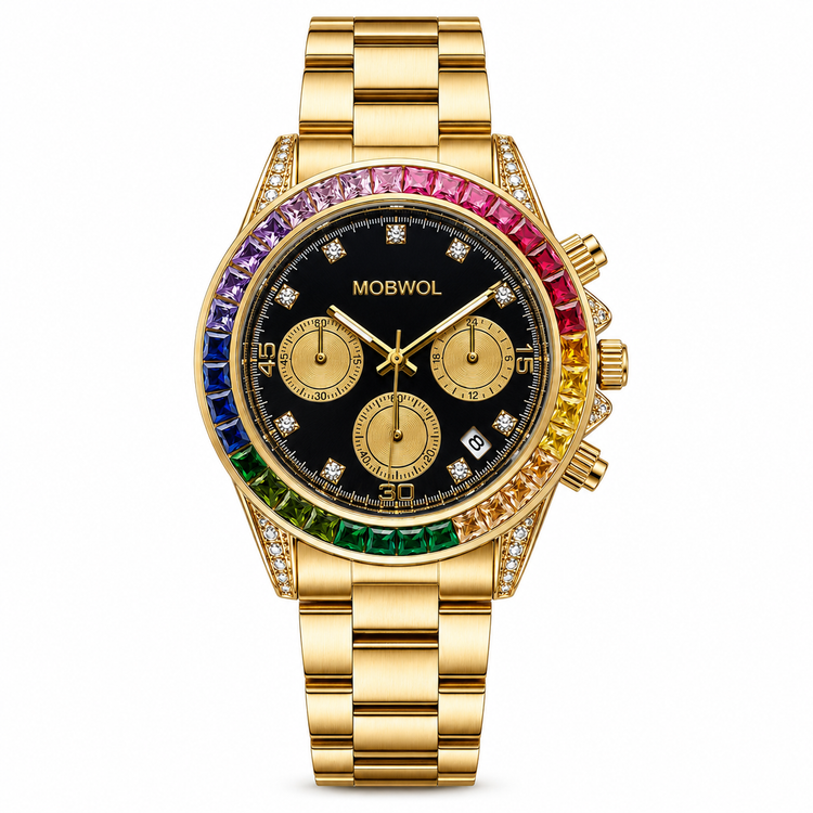 Relógio Movara® ArcoÍris dourado com mostrador preto, submostradores e aro arco-íris