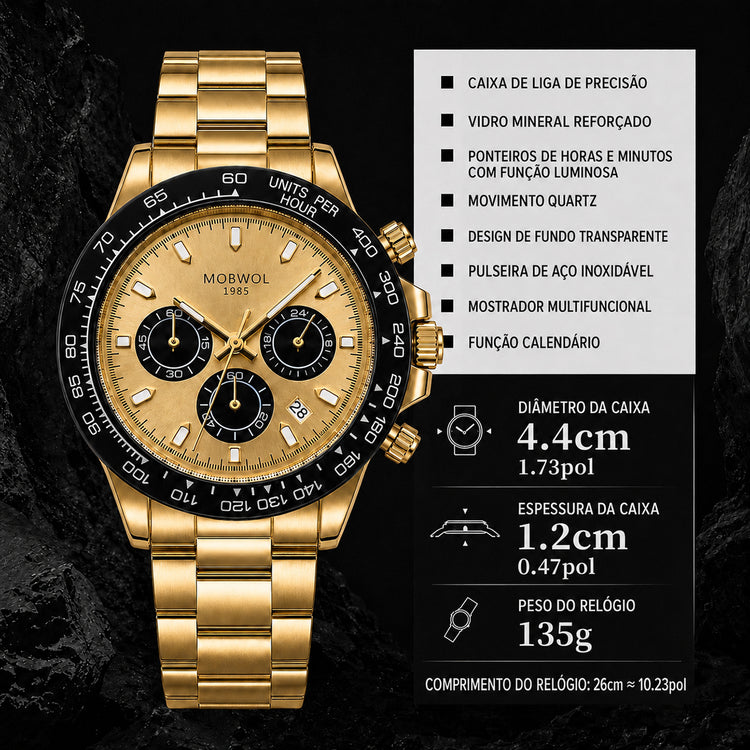 Relógio Movara® Pilotos dourado com mostrador bege, caixa e pulseira em metal.