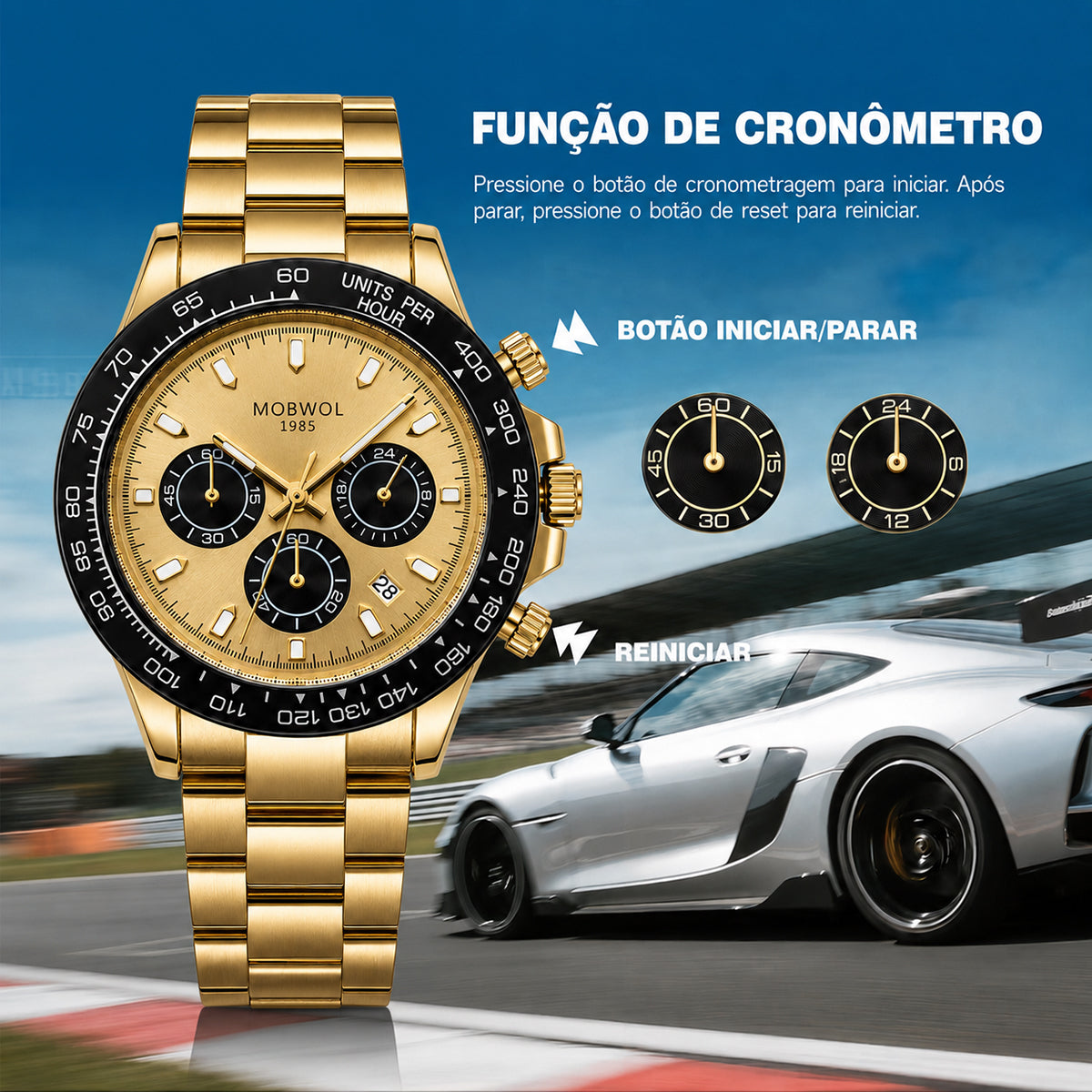 Relógio Movara® Pilotos dourado com botão lateral e pulseira de metal.