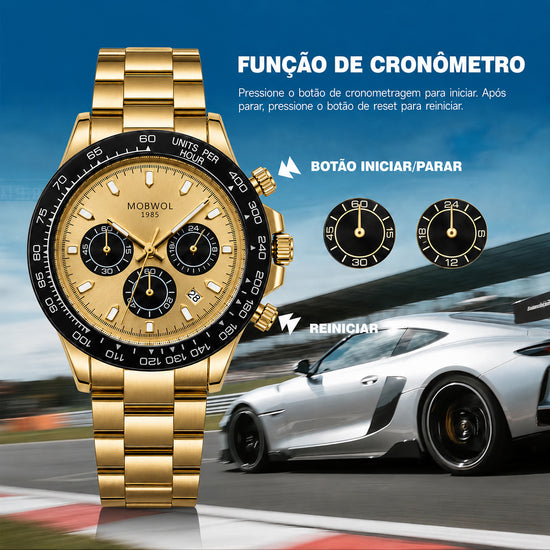 Relógio Movara® Pilotos dourado com botão lateral e pulseira de metal.