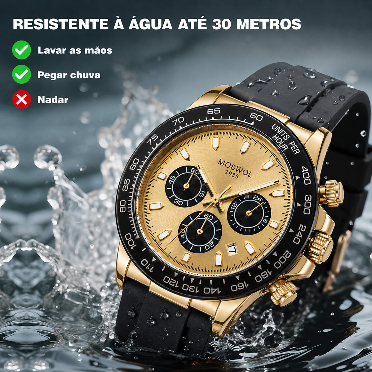 Relógio Movara® com caixa dourada e pulseira de silicone preta, respingos de água no relógio