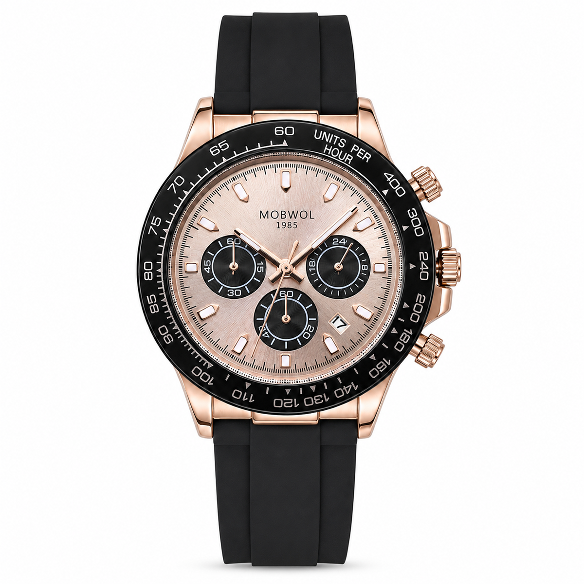 Relógio Movara® com caixa rosé e pulseira de silicone preta, mostrador rosado com cronógrafo