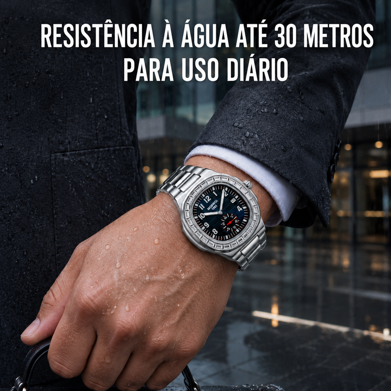 Relógio Movara® Brilho prateado no pulso, mostrador azul escuro e pulseira de aço