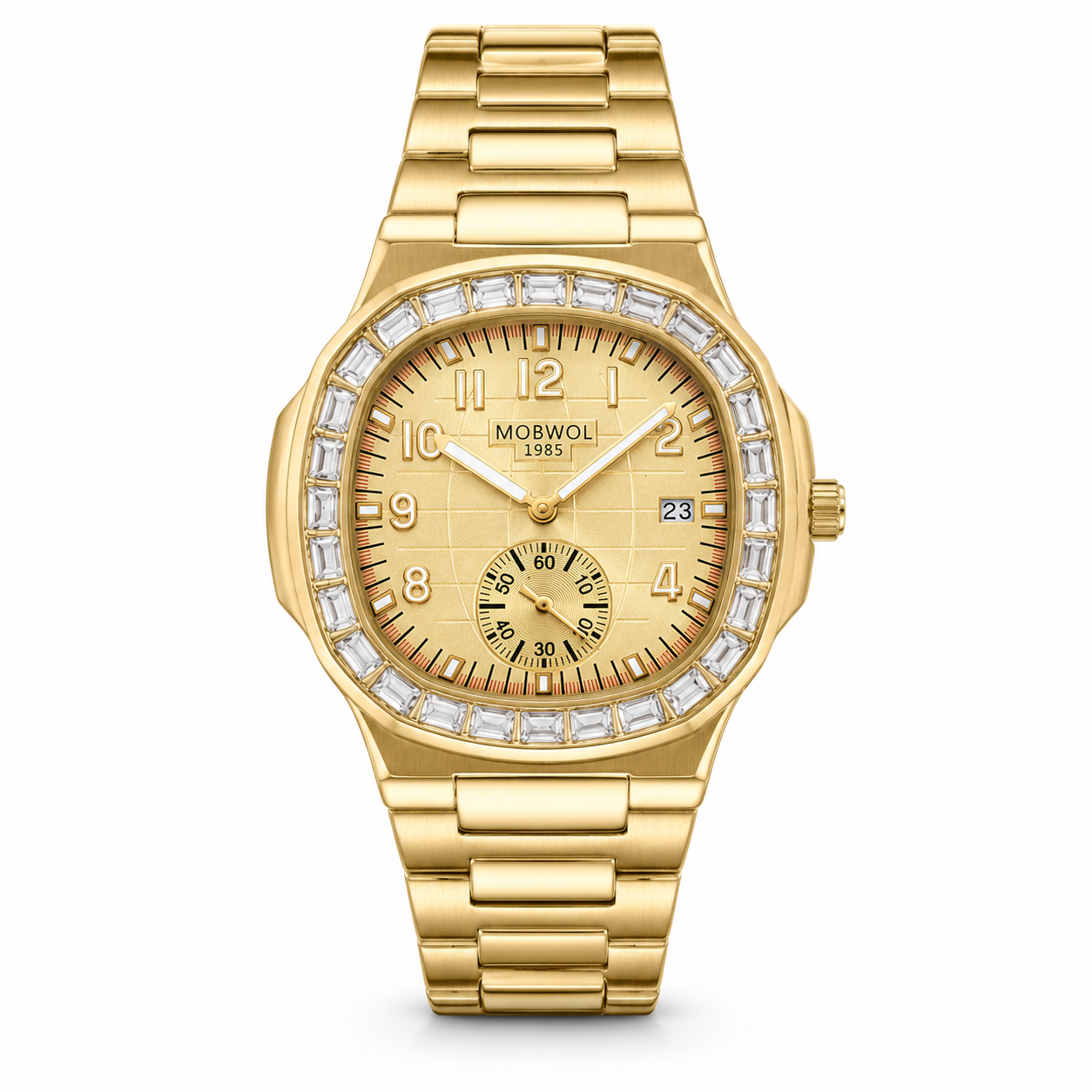 Relógio Movara® Brilho dourado com mostrador branco e pulseira de aço com pedras