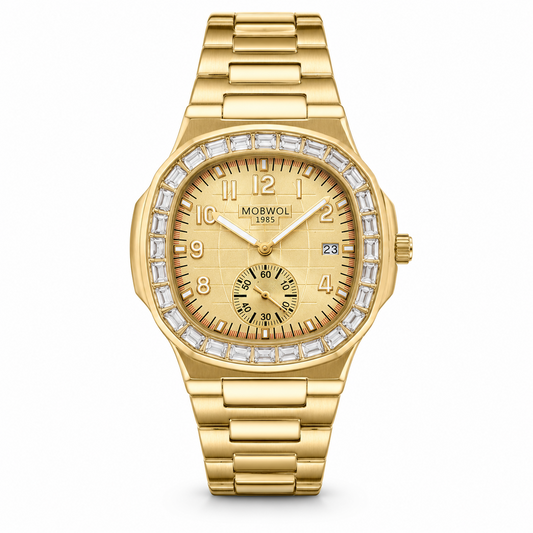 Relógio Movara® Brilho dourado com mostrador branco e pulseira de aço com pedras