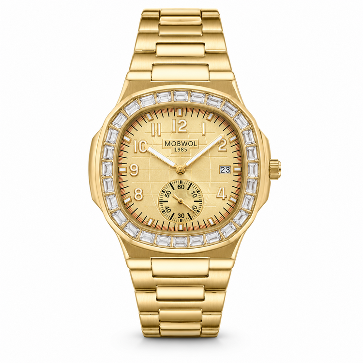 Relógio Movara® Brilho dourado com mostrador branco e pulseira de aço com pedras