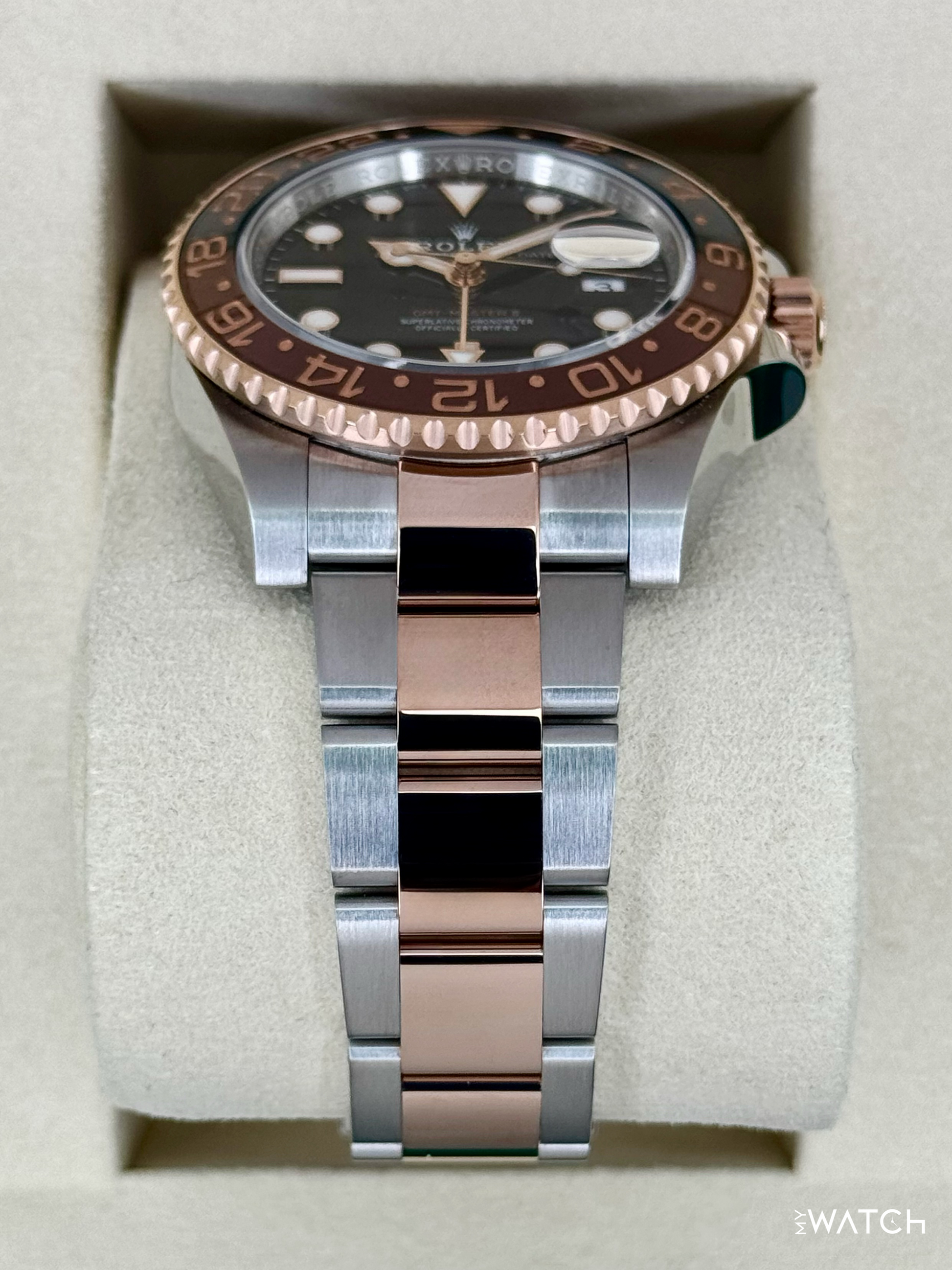Relógio Rolex GMT Master II Rootbeer automático, mostrador azul-escuro e bezel marrom/dourado