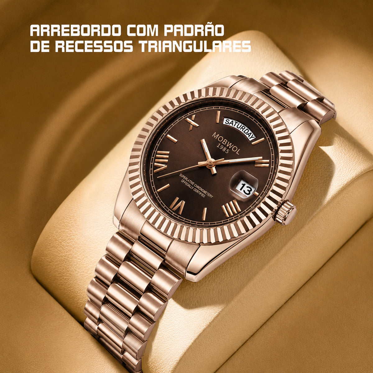 Relógio Movara® Soberano rosé com mostrador marrom e calendário em 13.