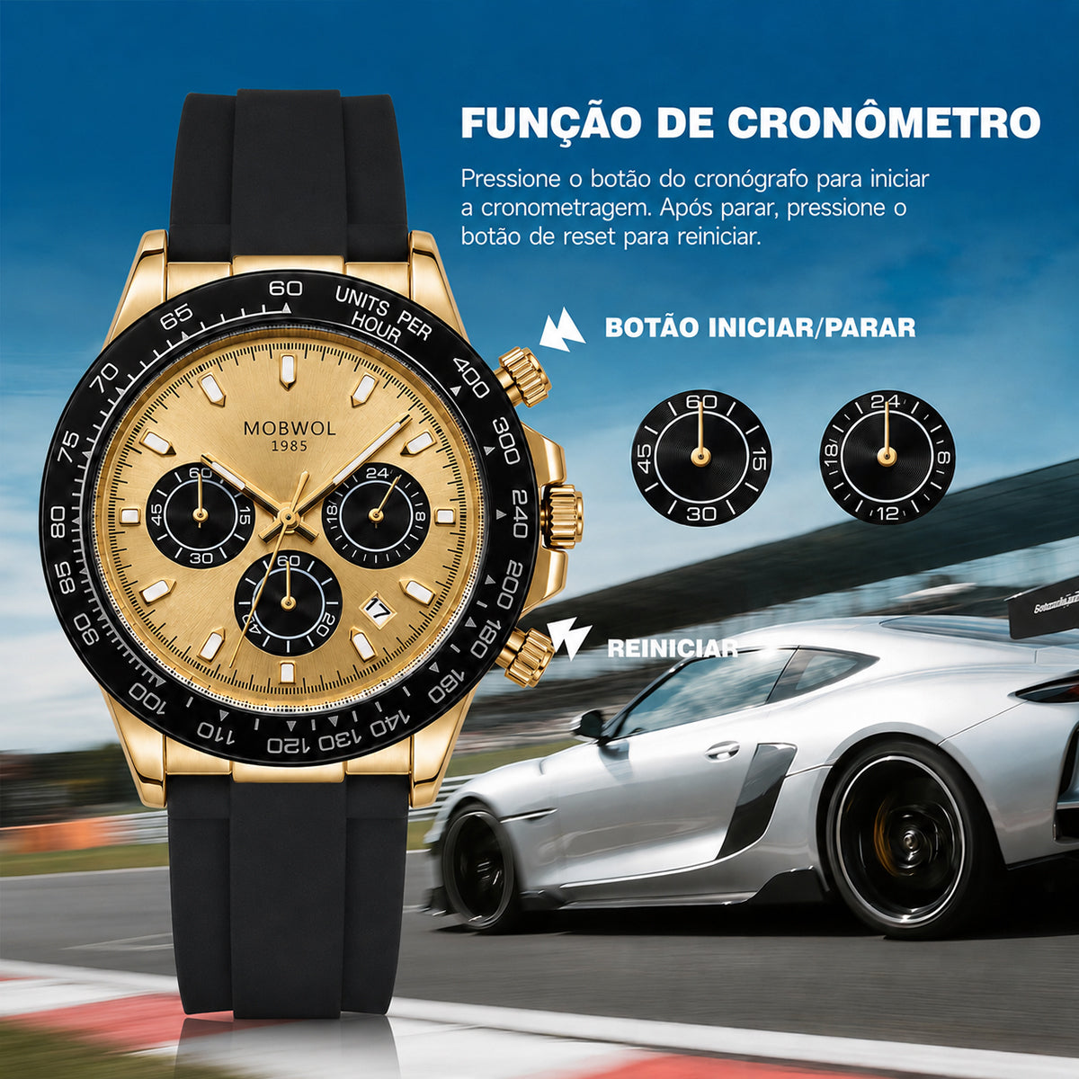 Relógio Movara® com pulseira de silicone preta e caixa dourada, mostrador dourado com cronógrafo
