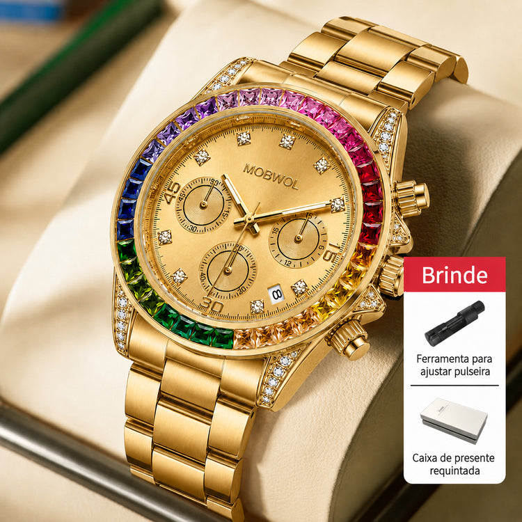 Relógio Movara® ArcoÍris com pulseira metálica dourada e aro arco-íris multicolor