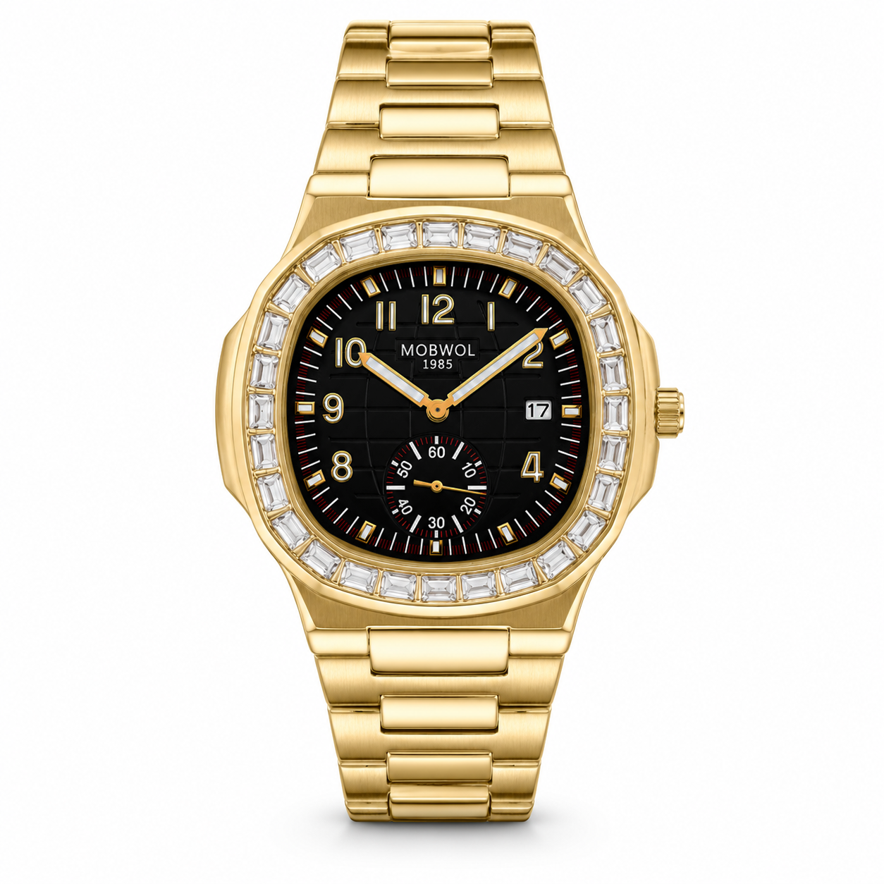 Relógio Movara® Brilho dourado com mostrador preto, números grandes e pulseira de aço