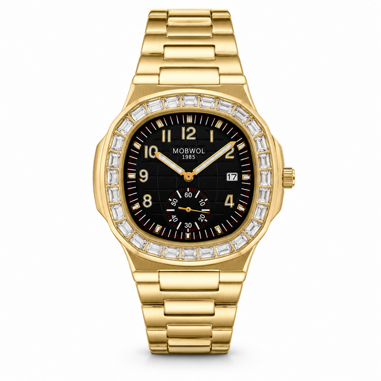 Relógio Movara® Brilho dourado com mostrador preto, números grandes e pulseira de aço