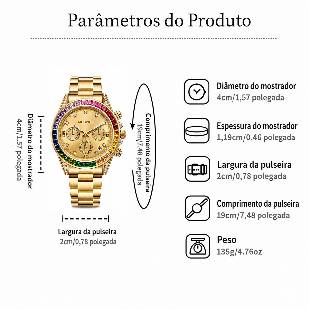 Relógio Movara® ArcoÍris dourado com mostrador bege, três submostradores e aro colorido