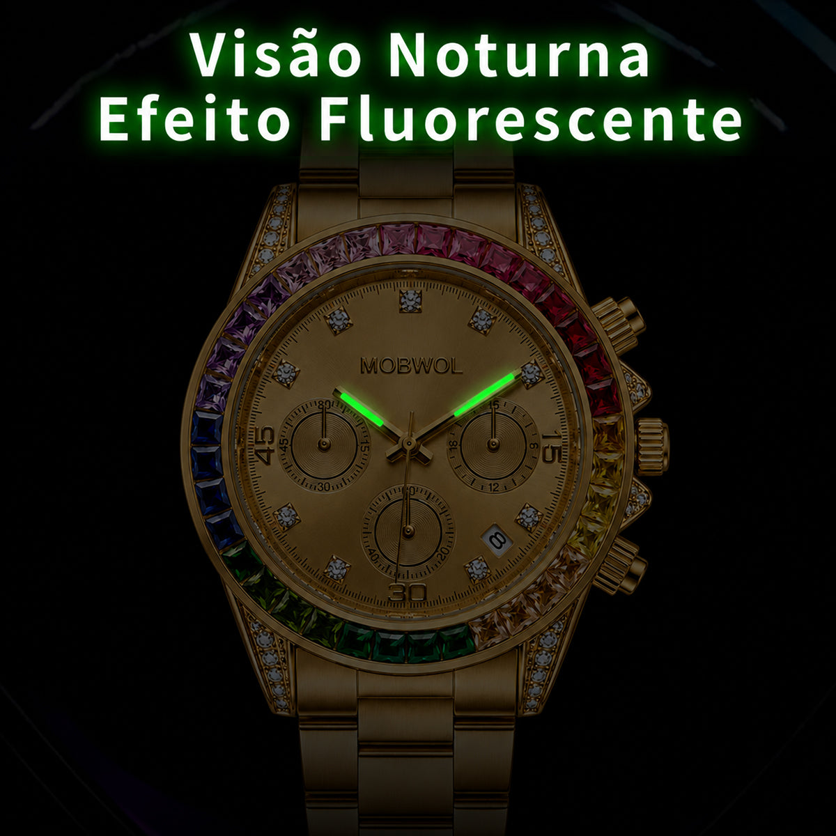Relógio Movara® ArcoÍris dourado com mostrador bege e ponteiros fluorescentes verdes