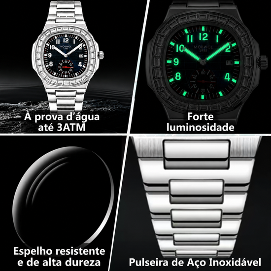 Relógios Movara® Brilho prateado e preto, mostradores com marcações luminosas e pulseira de aço