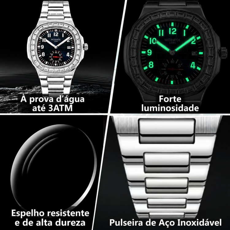 Relógios Movara® Brilho prateado e preto, mostradores com marcações luminosas e pulseira de aço
