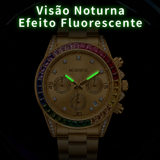 Relógio Movara® ArcoÍris dourado com mostrador bege e ponteiros fluorescentes verdes