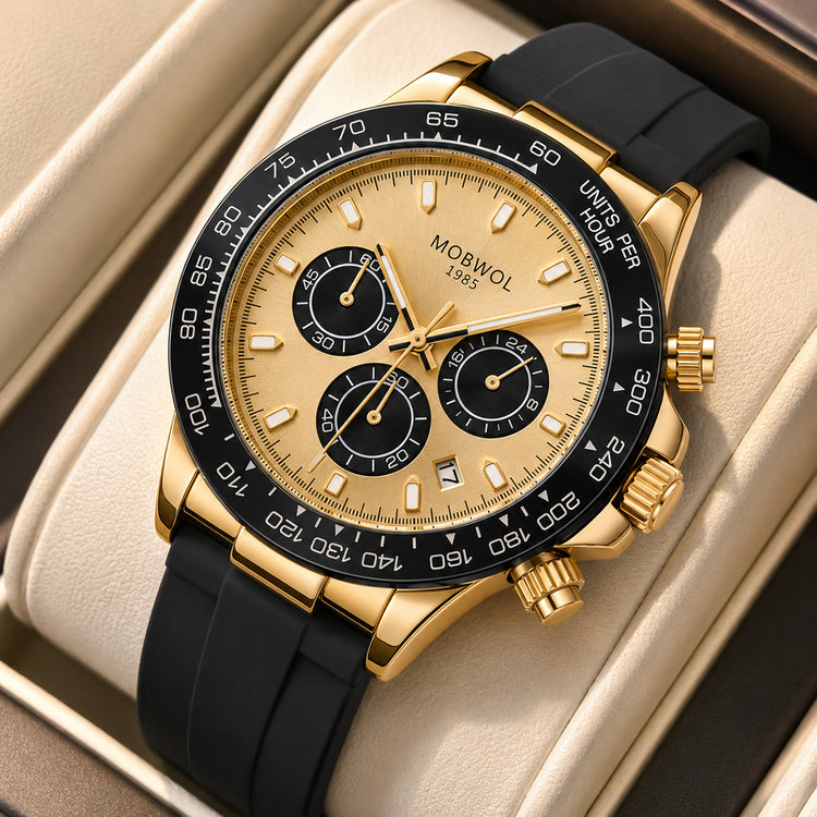 Relógio Movara® com mostrador dourado e pulseira de silicone preta, caixa dourada com botões