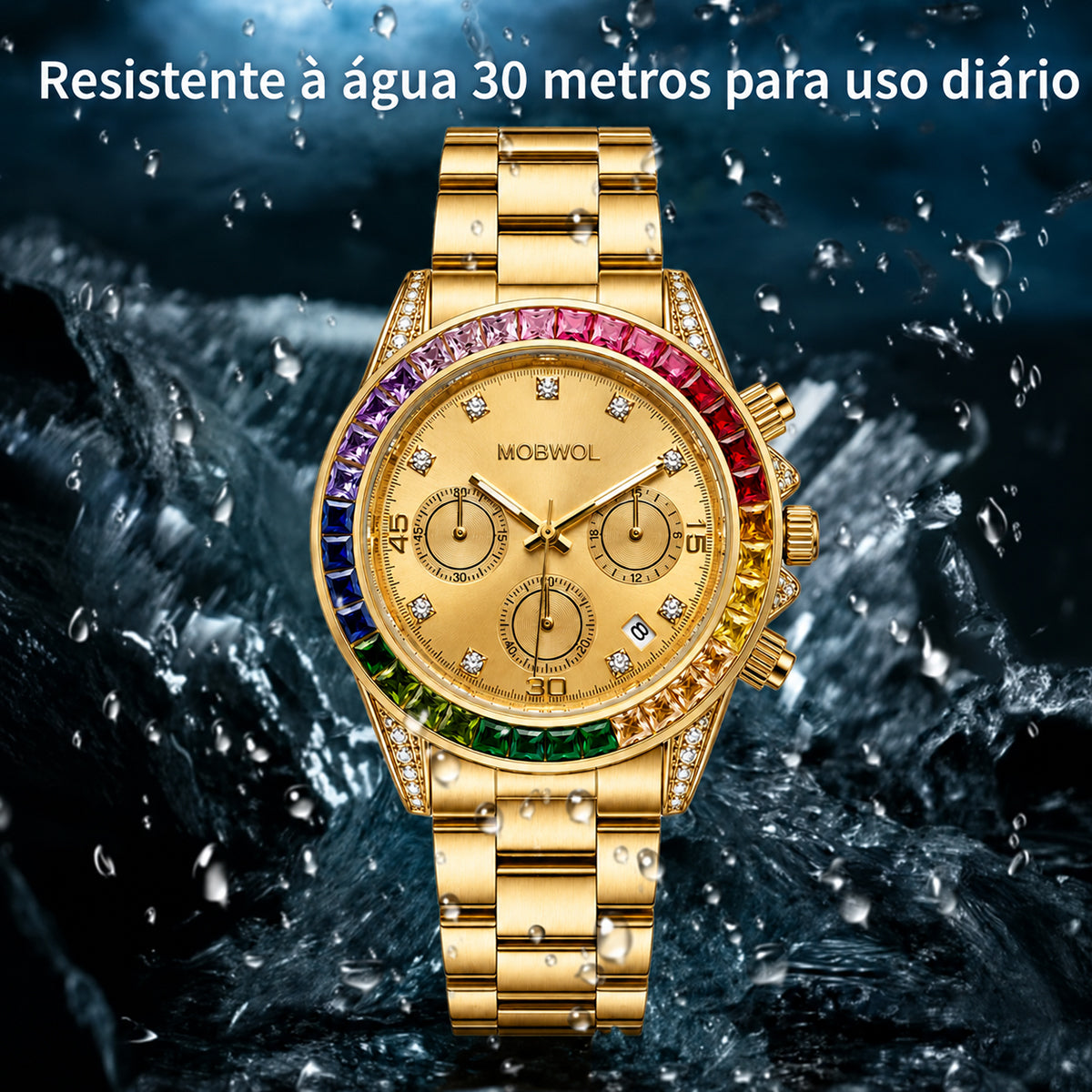 Relógio Movara® ArcoÍris dourado com mostrador bege e aro colorido