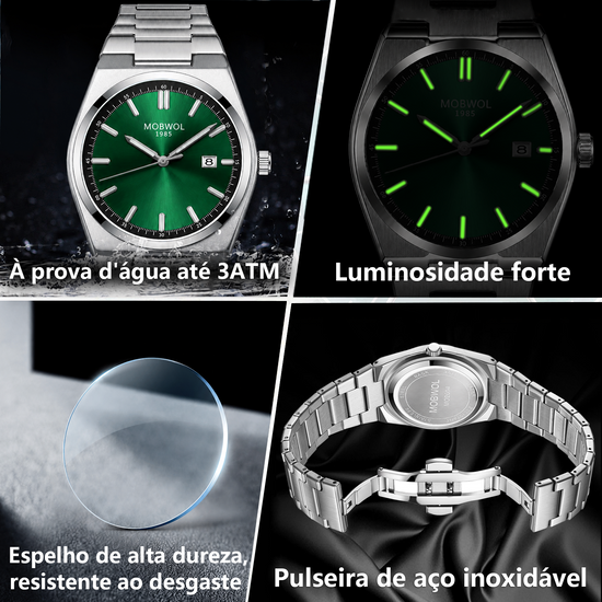 Relógio Movara® Sólido com pulseira de aço e mostrador verde luminoso