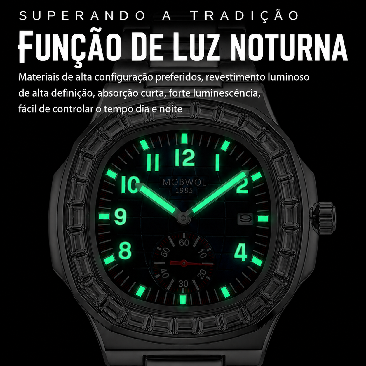 Relógio Movara® Brilho preto com mostrador verde luminoso e pulseira de aço