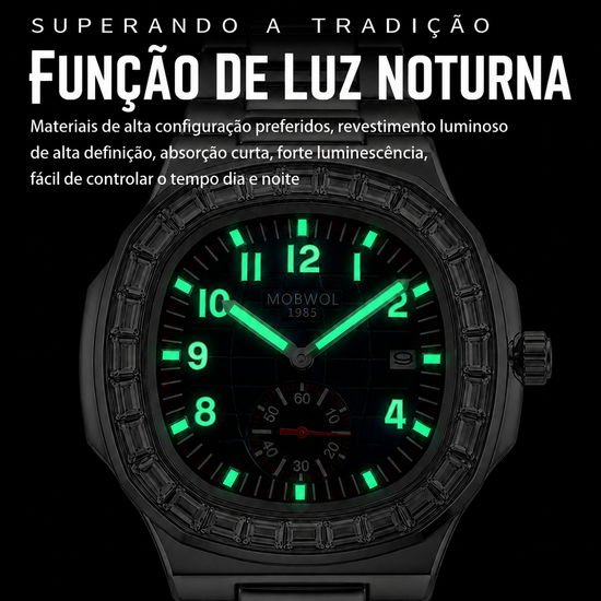 Relógio Movara® Brilho preto com mostrador verde luminoso e pulseira de aço