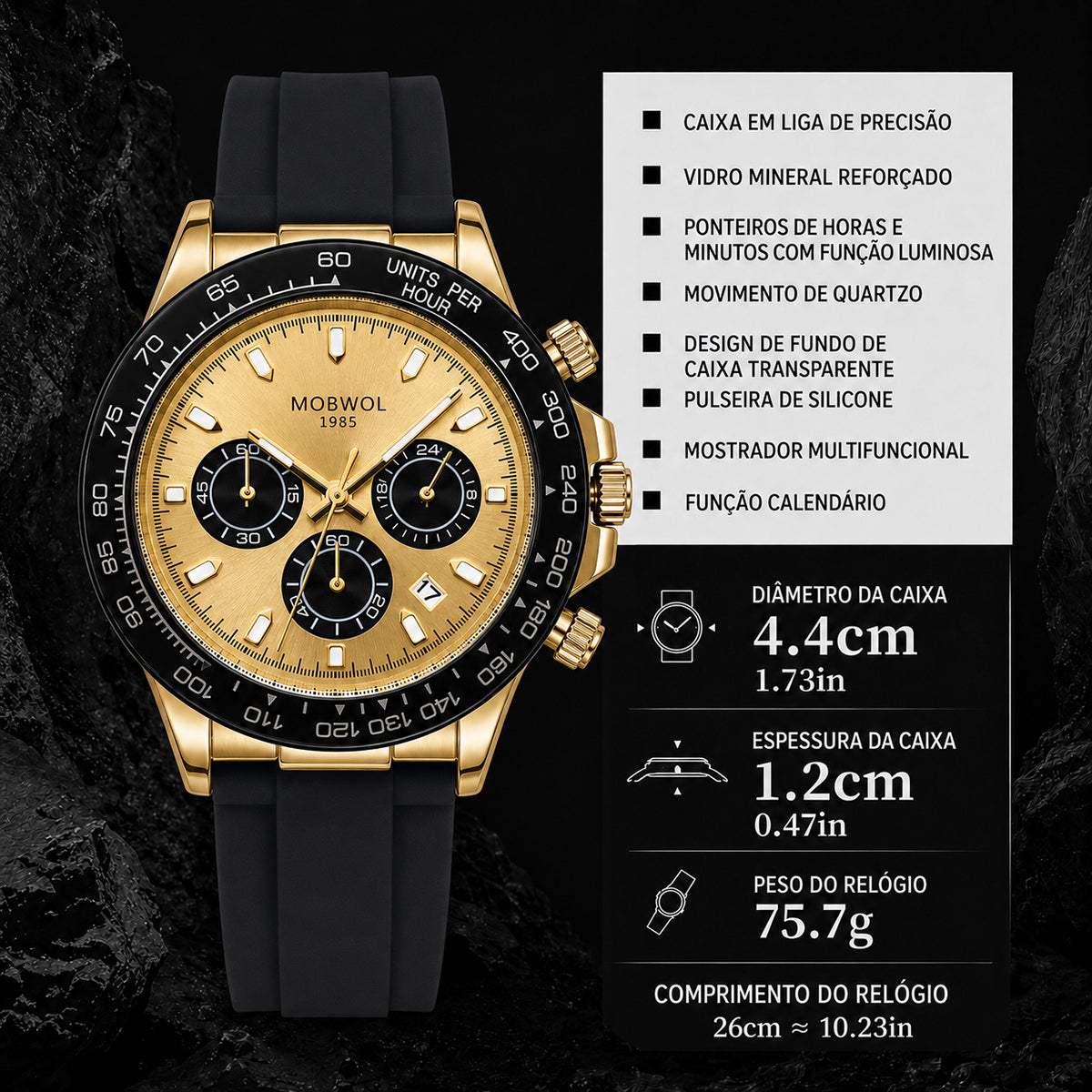 Relógio Movara® com pulseira de silicone preta, caixa dourada e mostrador dourado com submostradores
