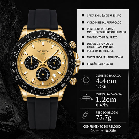 Relógio Movara® com pulseira de silicone preta, caixa dourada e mostrador dourado com submostradores