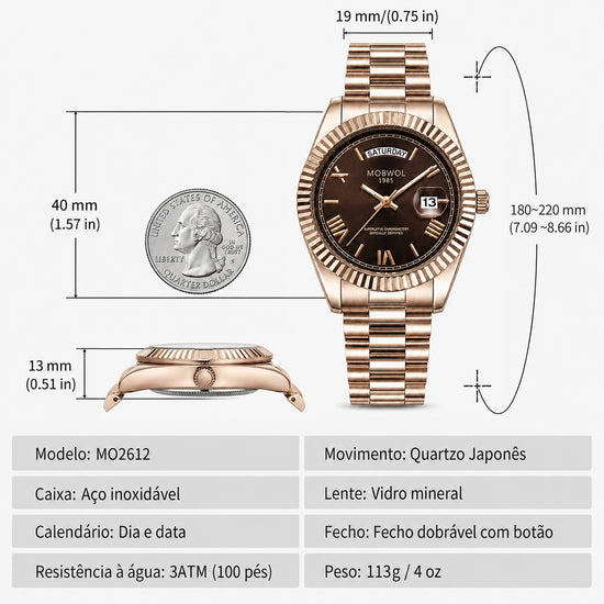 Relógio Movara® Soberano rosé, mostrador marrom e pulseira metálica (vista frontal).