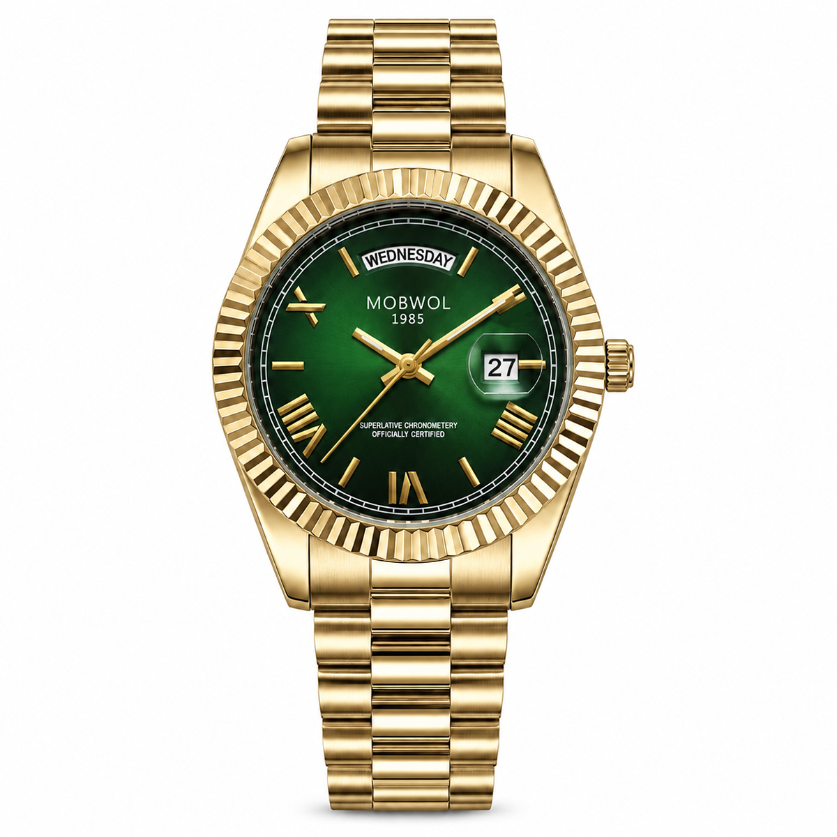 Relógio dourado com mostrador verde e janela de data 27