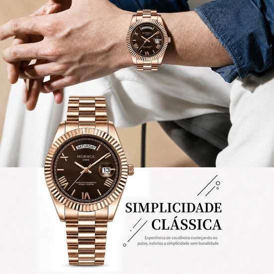 Relógio Movara® Soberano rosé com mostrador marrom, pulseira metálica dourada.