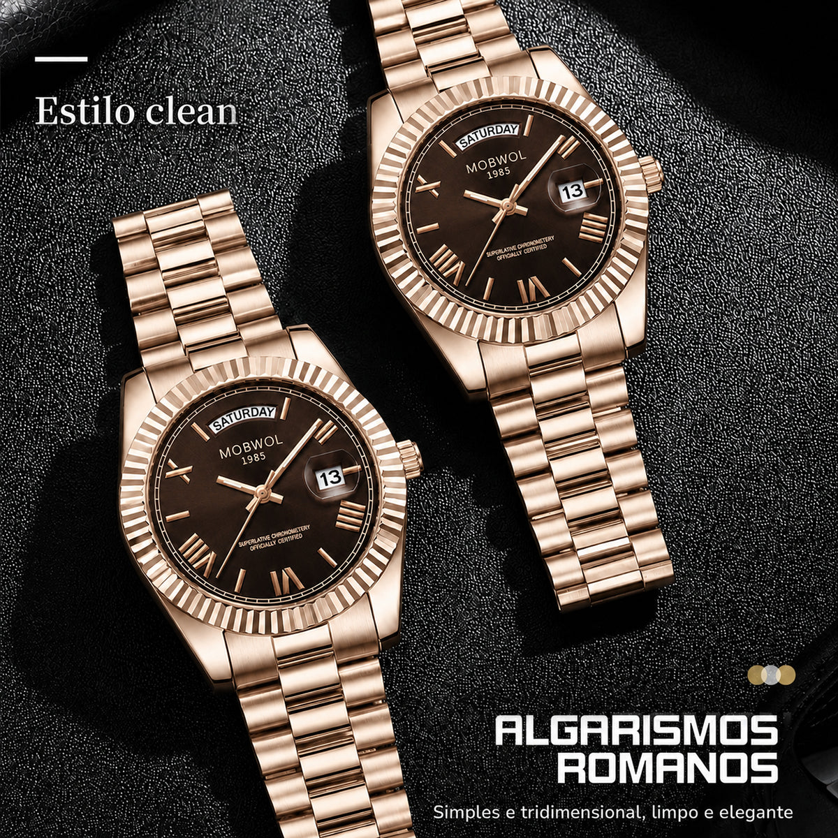 Relógios Movara® Soberano com pulseira metálica dourada e mostradores marrom escuro.