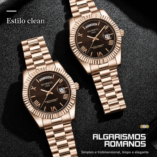 Relógios Movara® Soberano com pulseira metálica dourada e mostradores marrom escuro.
