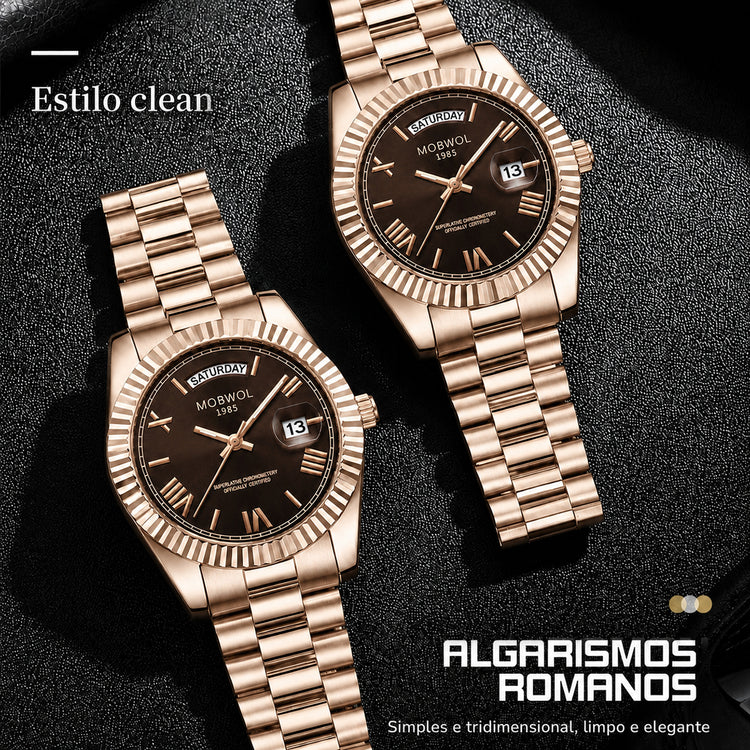 Relógios Movara® Soberano com pulseira metálica dourada e mostradores marrom escuro.