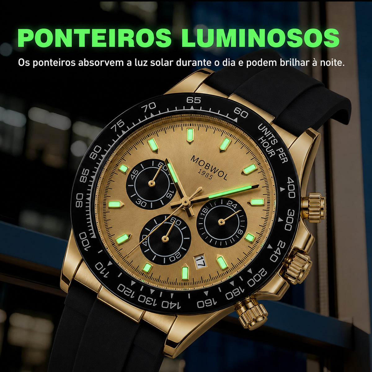 Relógio Movara® com ponteiros luminosos e pulseira de silicone preta, caixa dourada