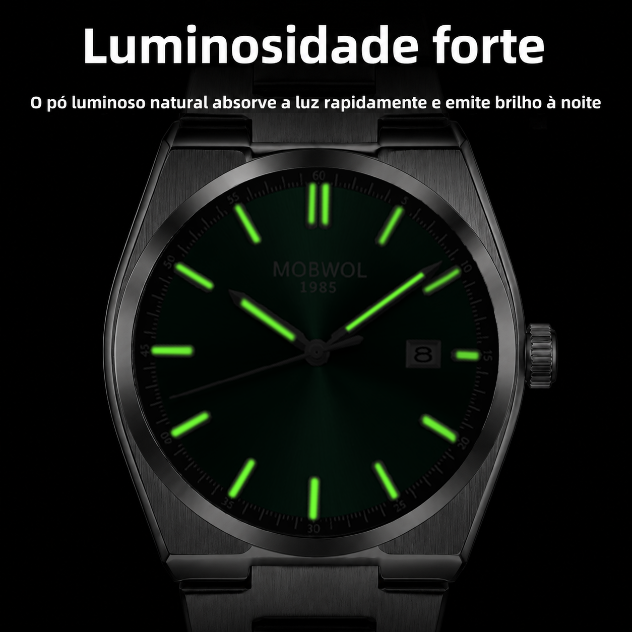 Relógio Movara® Sólido preto com mostrador verde luminoso e pulseira preta