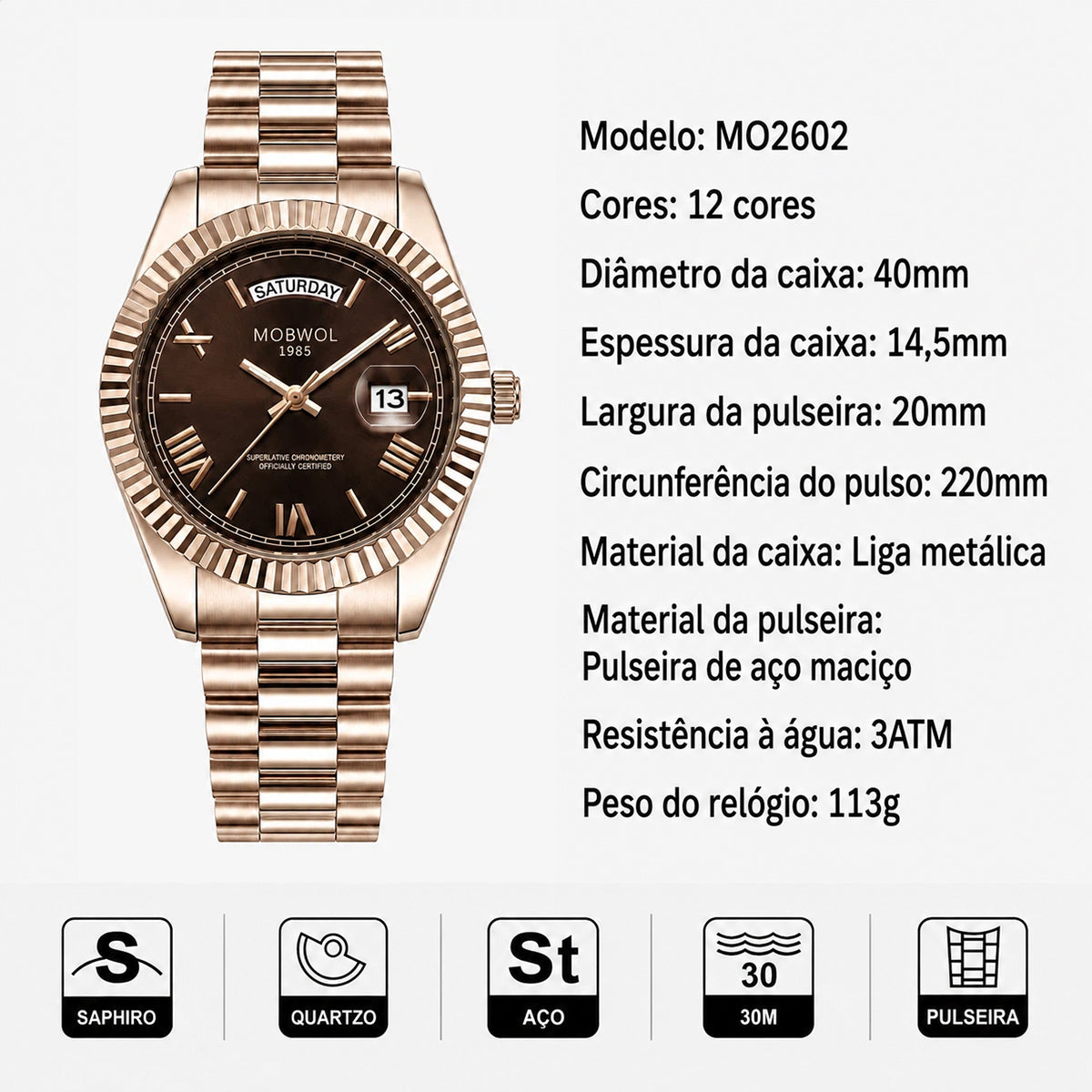 Relógio Movara® Soberano dourado com mostrador marrom e pulseira metálica.