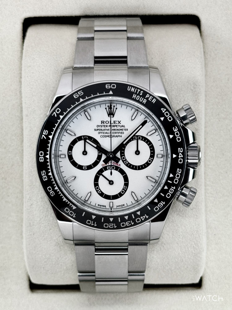 Relógio Rolex automático com pulseira de aço e mostrador branco com submostradores pretos