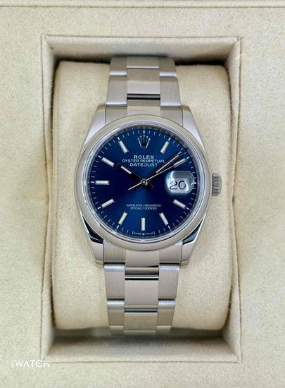 Relógio Rolex Datejust com mostrador azul e pulseira de aço