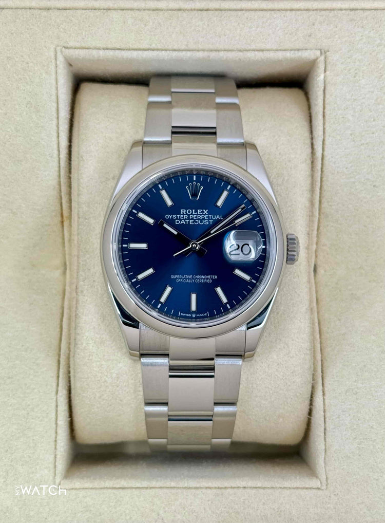 Relógio Rolex Datejust com mostrador azul e pulseira de aço
