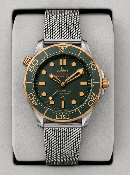 Relógio de mergulho Omega com mostrador verde e pulseira metálica mesh prateada