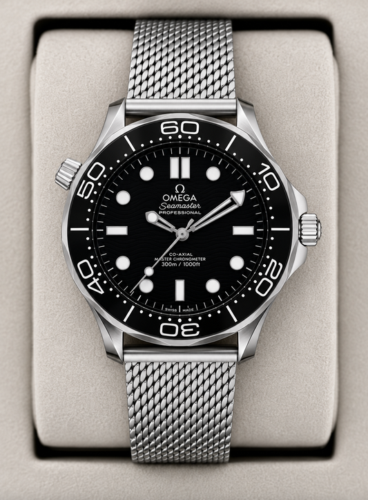 Relógio Omega com mostrador preto e bezel com marcações; pulseira de aço em malha
