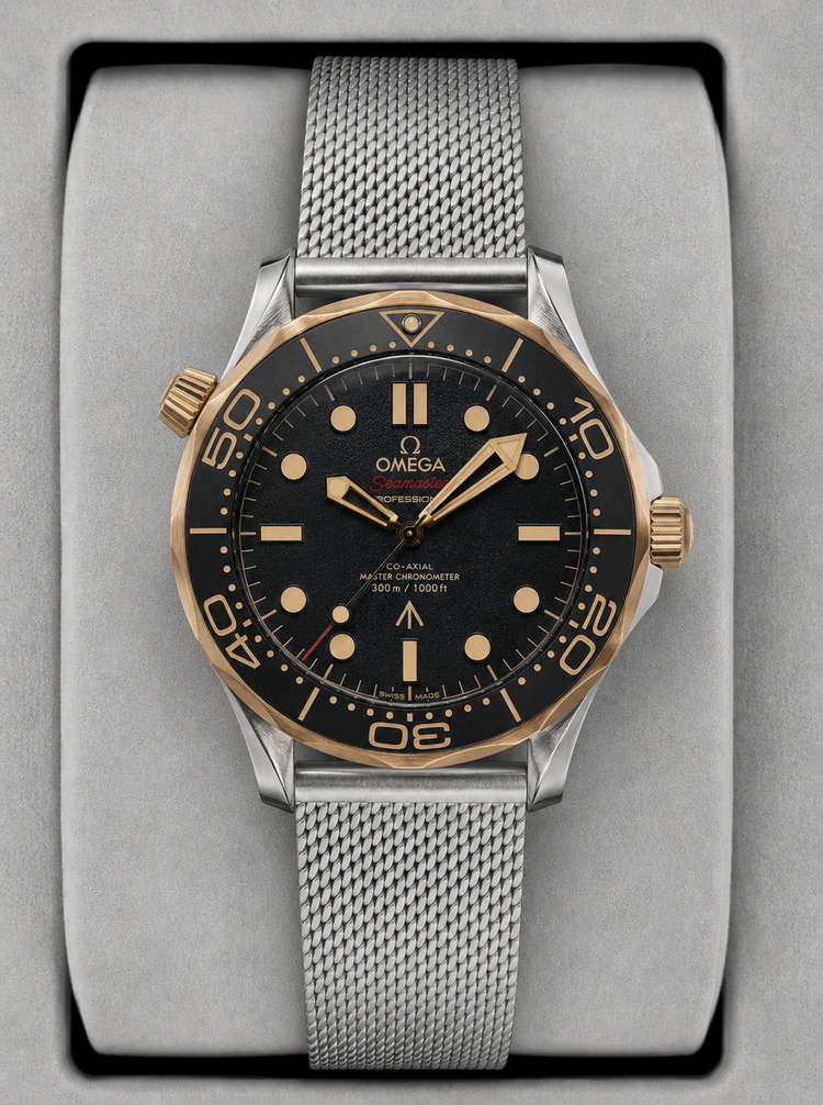 Relógio automático Seamaster Diver 300 com mostrador preto e pulseira de aço