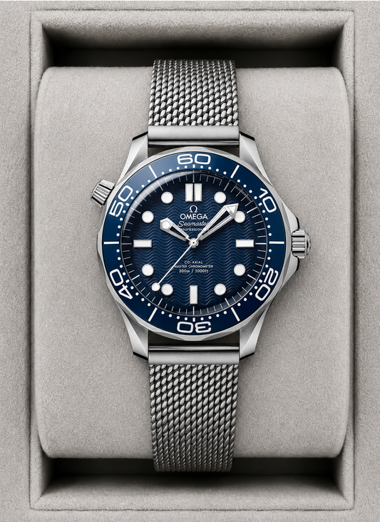 Relógio Omega Seamaster Diver 300M azul, mostrador com marcadores e pulseira metálica