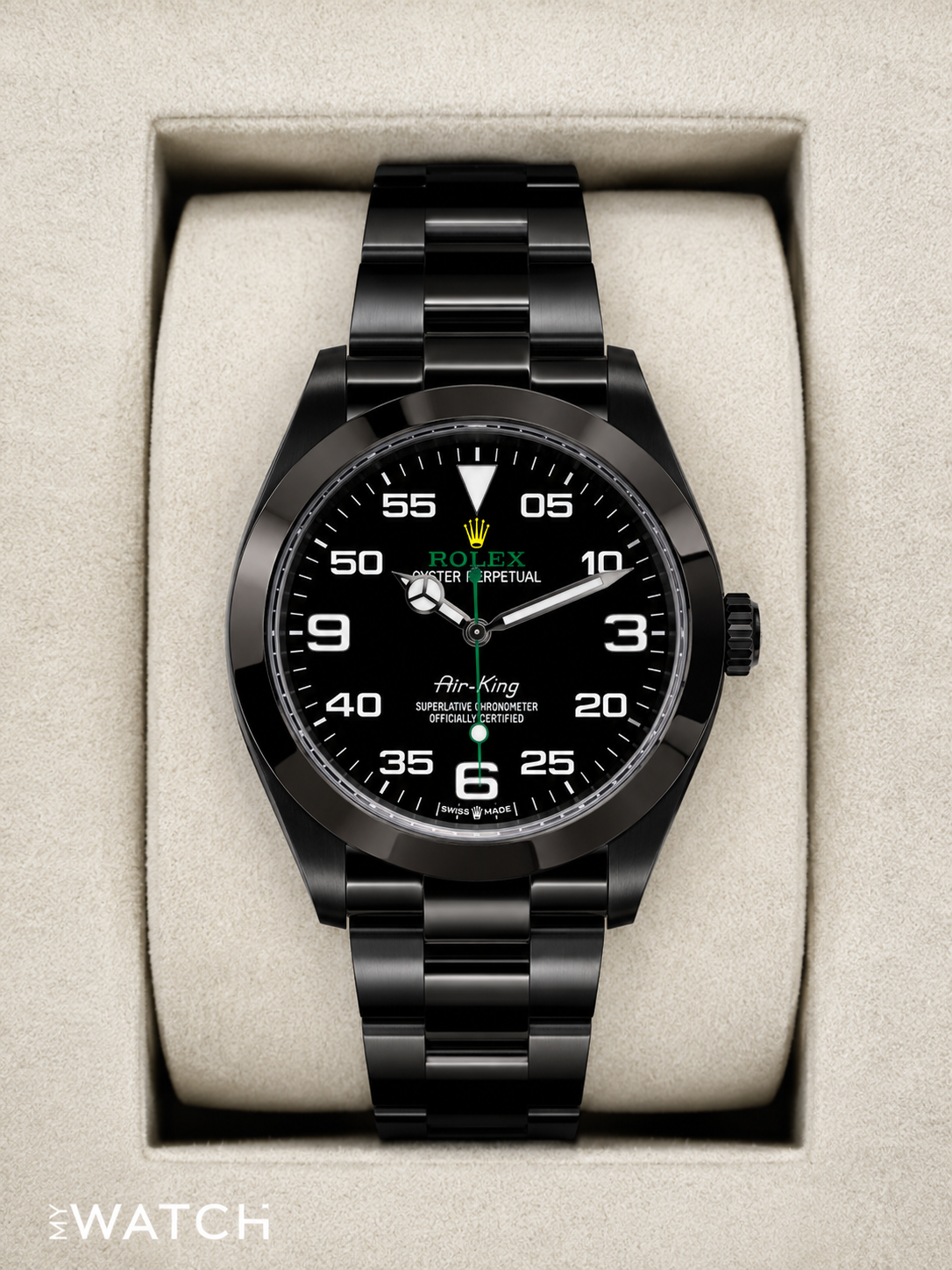 Relógio Rolex Air-King preto, mostrador preto e pulseira de aço metálica