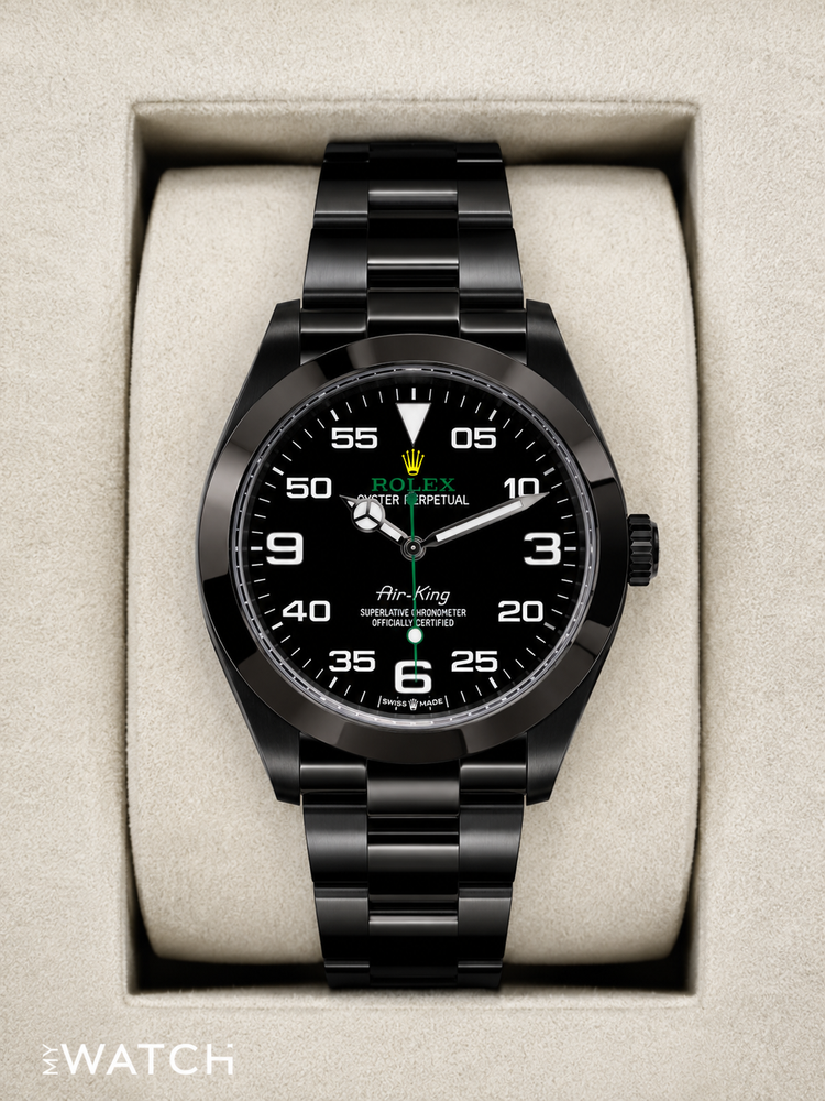 Relógio Rolex Air-King preto, mostrador preto e pulseira de aço metálica