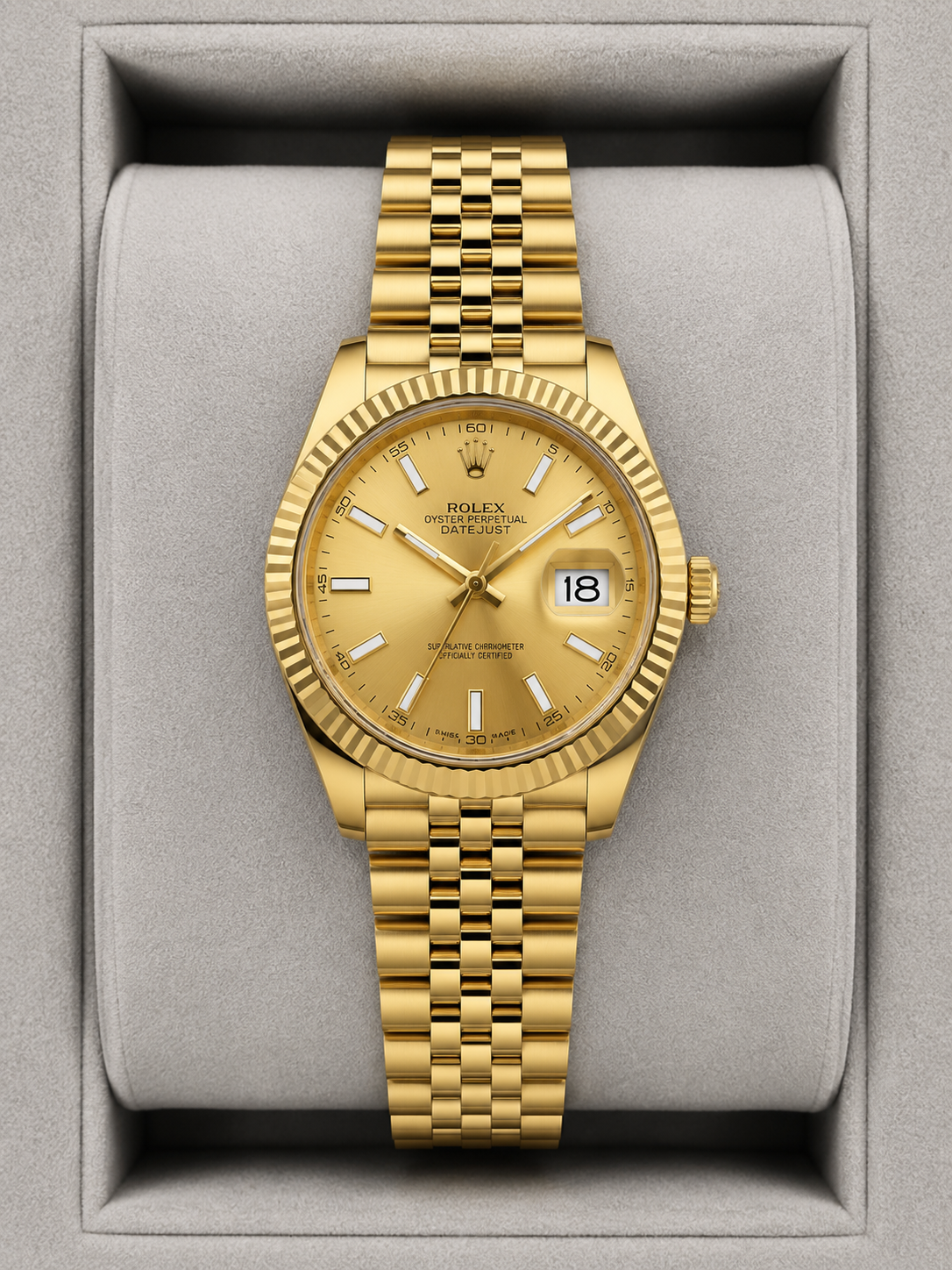 Relógio Rolex Datejust dourado com pulseira metálica e mostrador amarelo, data 18