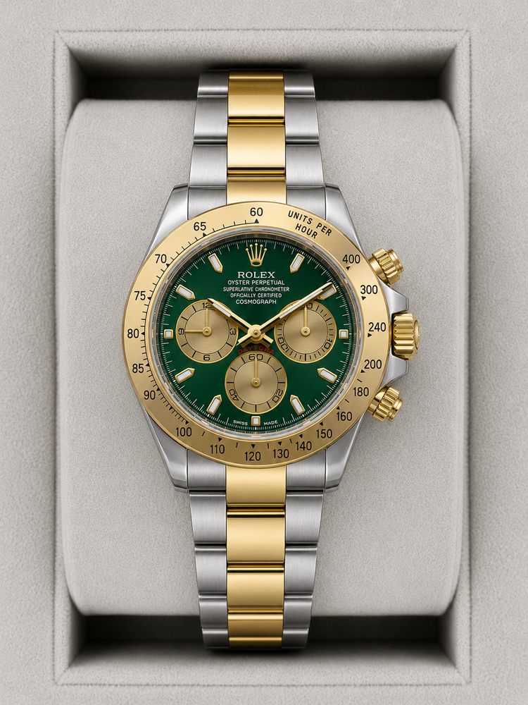 Relógio Rolex Daytona bicolor aço e ouro, pulseira central dourada e mostrador verde